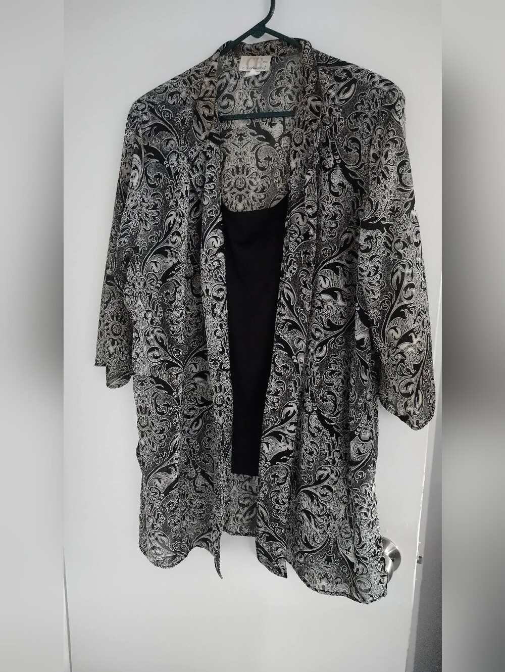 Black & White Abstract Paisley Open Front Jacket Attached Shell 2X